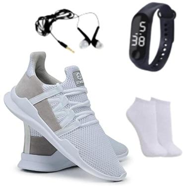 Imagem de Tênis Caminhada Corrida Leve Macio Confortável Academia Fitness + Relógio + Meia + Fone - Branco - 36
