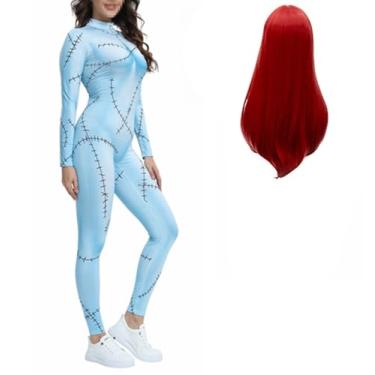 Imagem de Qurtalun Fantasia de Natal Sally Body estampado em 3D manga comprida para mulheres vestido de Halloween body com peruca, Bodies / peruca, G