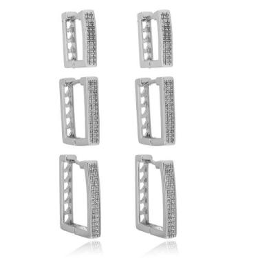 Imagem de Trio de Brincos Argolas Retangular 2 Filetes de Zircônia Folheado Ródi