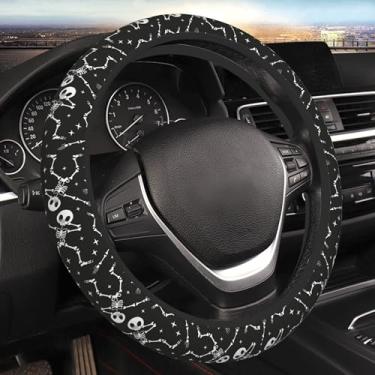 Imagem de Capas de volante pretas de caveira de Halloween para meninas universais 38 cm capa de envoltório de carro estrelas fofas acessórios de carro protetor carro caminhão SUV Sedan decoração