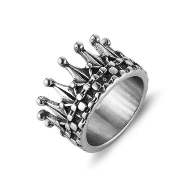 Imagem de HZMAN Anel de coroa para homens e mulheres de aço inoxidável retrô Kingdom Royal Crown Rings Jewelry Gift, Metal, Sem pedra preciosa