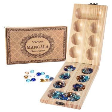 Imagem de Jogo de tabuleiro Mancala amerous de madeira dobrável com pedras de vidro