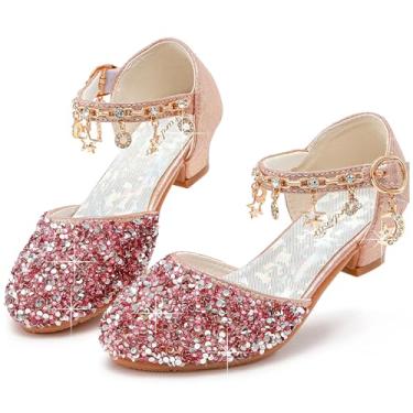 Imagem de Furdeour Sapatos sociais para meninas, princesa, cristal, salto alto, bico fechado, festa, casamento, flores, meninas, crianças, crianças pequenas e grandes, Lantejoulas rosas, 22