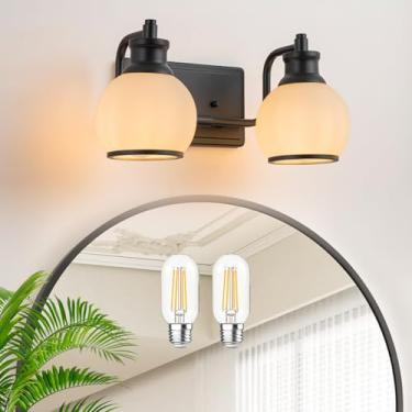 Imagem de BrkNit 2 Luminárias De Banheiro Modernas Sobre O Espelho (Lâmpadas Led Inclusas), Luzes De Penteadeira Pretas Para Arandelas De Banheiro Com Abajures De Vidro Globo Branco Leitoso