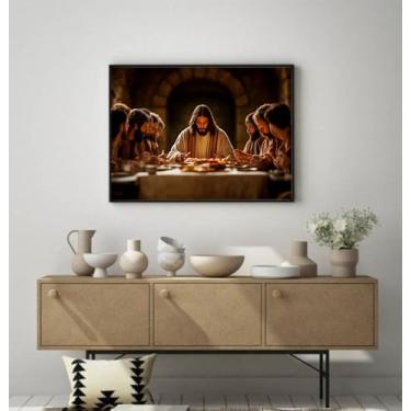 Imagem de Quadro Decorativo Religioso, Santa Ceia Jesus e Discípulos, Emoldurado em Madeira, Multicolorido, 70x50 cm