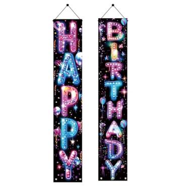 Imagem de Saoplasa 2 banners para varanda de feliz aniversário 188 x 30 cm placas coloridas para pendurar na porta da frente, decorações de festa de aniversário para crianças, adultos, entrada ao ar livre