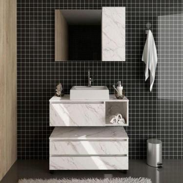 Imagem de Kit Gabinete Balcão E Espelheira De Banheiro Marina Mármore Branco - T