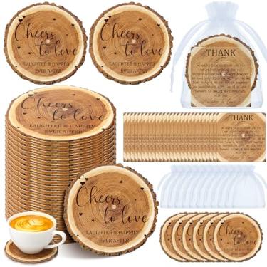 Imagem de Hushee 100 conjuntos de lembrancinhas de casamento para convidados Cheers to Love porta-copos redondos de cortiça a granel com cartões de agradecimento e bolsas para lembrancinhas de festa de