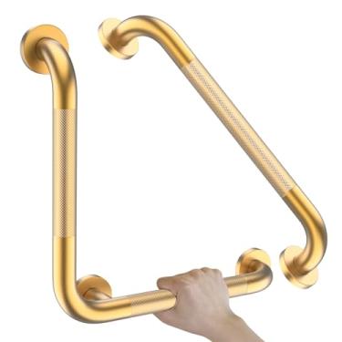Imagem de Barras de apoio de banheiro douradas para banheiras e chuveiros, trilho angular Munzong de 40,6 cm para deficientes sanitários, alça de segurança serrilhada de aço inoxidável antiderrapante para