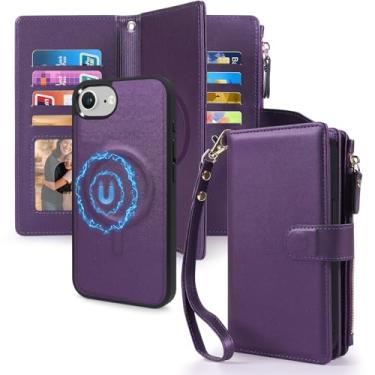 Imagem de CMIDUS Capa magnética para iPhone 16E carteira compatível com suporte de cartão com bloqueio de RFID Magsafe, capa de telefone destacável, alça de pressão, bolso com zíper, couro PU (roxo)
