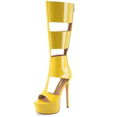 Imagem de Perisis Sandálias gladiadoras plataforma até o joelho para mulheres sexy aberto peep toe salto alto stiletto moda verão vestido festa dança botas com zíper, Patente amarelo, 35