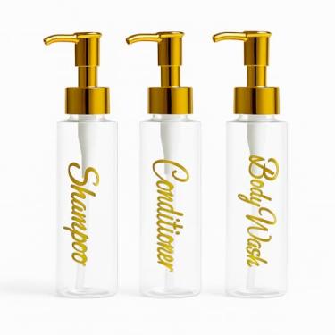 Imagem de uMadeUs Dispensador de xampu e condicionador – Garrafas essenciais de higiene – Shampoo recarregável para chuveiro e sabonete líquido, Transparente todo dourado 2 redondo, Small, Moderna