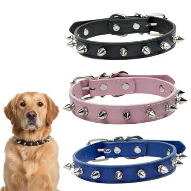 Imagem de 3 coleiras pontiagudas para cães, coleira de cachorro com pontas, coleiras ajustáveis para animais de estimação estilo punk fashion, couro PU com tachas de metal, inclui azul escuro, rosa e preto