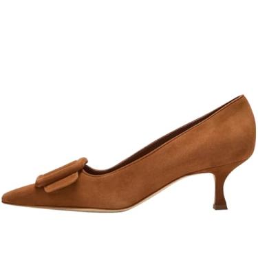 Imagem de Divanne Sapato feminino de camurça, salto gatinho, fivela, bico fino, salto baixo, sapato social, Camurça marrom, 36 BR