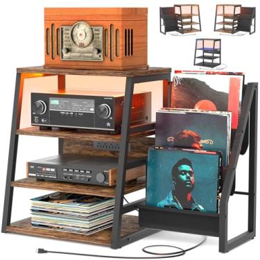 Imagem de Suporte de mídia AV com tomadas, suportes estéreo e prateleiras com armazenamento de vinil, suporte estéreo com armazenamento de discos, gabinete de rack estéreo de áudio, suporte de console de