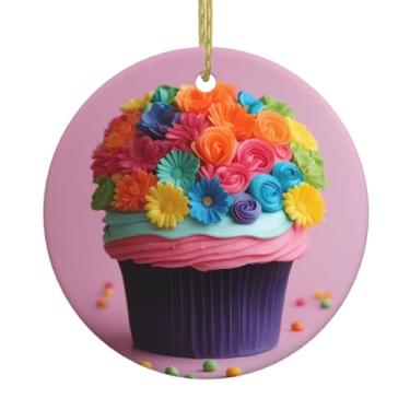 Imagem de Cupcakes coloridos com estampa de bolo de flores de arco-íris para pendurar em cerâmica de Natal, pingentes de porcelana, decoração criativa de Natal