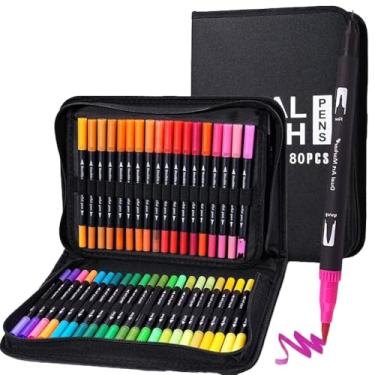 Imagem de Canetinhas, Caneta 2 Em1 Brush Lettering E Ponta Fina Dual Pen Canetinha Colorir Desenho, 36、48、60、72、80、100 Cores Para Conjunto Profissional Arte Infantil, Canetas Aquareláveis à Base De álcool (80)