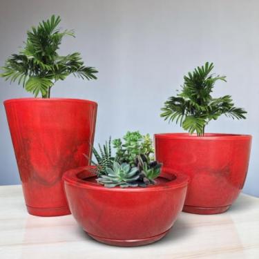 Imagem de Kit Jogo 3 Vasos Luxo Marmorizados Polietileno Planta Flor Jardim Varanda Moderno Elegante (Vermelho)