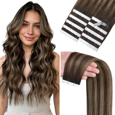 Imagem de Lacer Extensões de cabelo mini fita adesiva de 50 cm de extensão de cabelo humano real 10 peças de trama de poliuretano marrom escuro a marrom castanho castanho 2,36" (6 cm) faça você mesmo 40 gramas