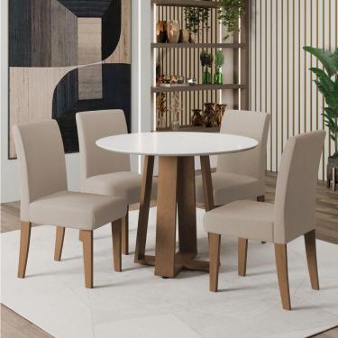 Imagem de Conjunto De Mesa Sala De Jantar Athenas Redonda 4 Cadeiras Trieste Cedro / Off White / Areia Dobuê