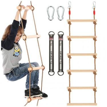 Imagem de Escada de Corda para Crianças MUXHEL Madeira 2m - Capacidade 120 kg com Ganchos de Fixação