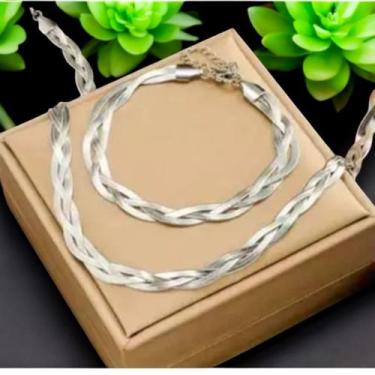 Imagem de Conjunto Gargantilha e Pulseira Trançada Prata 925 Unissex - Colar 50c