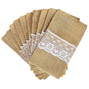 Imagem de Alnicov Suportes de talheres de juta para utensílios de renda natural sacos de guardanapo de juta para festa de casamento vintage jantar de ação de graças banquete decorações de mesa (20 pacotes)