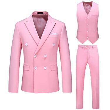 Imagem de Conjuntos de terno masculino 3 peças blazer calças colete plus size trespassado casual slim fit blazer jaquetas para festa jantar baile, rosa, 3GG