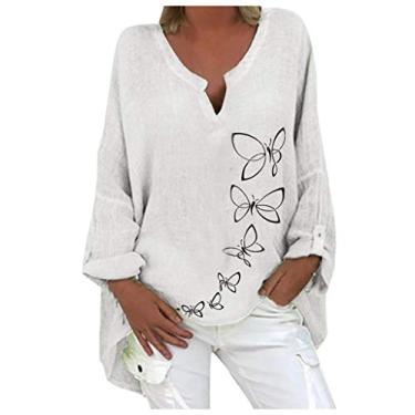 Imagem de Blusa feminina de linho com estampa de flores, de manga comprida, casual, leve, básica, Branco, XXG
