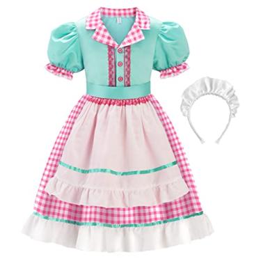 Imagem de ReliBeauty Fantasia de garçonete dos anos 50 para meninas com avental e faixa de cabeça, verde e rosa, 8/140