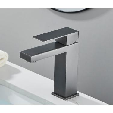 Imagem de Torneira preta fosca para pia de banheiro, torneira dourada com misturador de água fria, estilo simples, furo único, guindaste, cinza curto