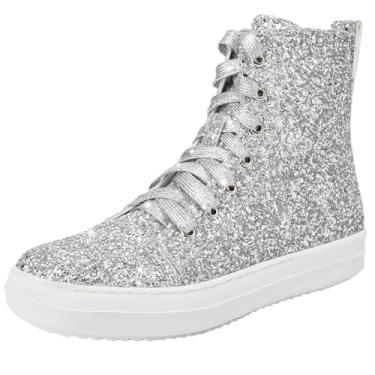 Imagem de UBWDU Tênis feminino de cano alto com glitter, plataforma, com zíper, strass, brilhante, para casamento, nupcial, sapatos de lantejoulas brilhantes, Prata, 37