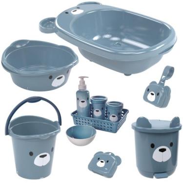 Imagem de Kit banheira de bebê plasutil 7 peças + kit higiene urso + bacia + lix