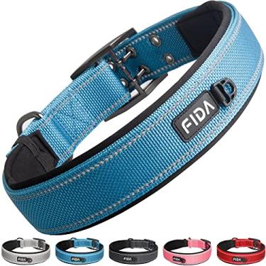 Imagem de Fida Coleira para cães resistente de 3,8 cm de largura, acolchoado de neoprene ultramacio, coleira ajustável reflexiva de nylon com fivela de cinto de dois pinos de metal para raças grandes/GG (GG, azul)