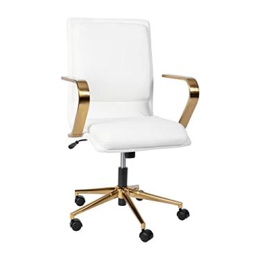 Imagem de Flash Furniture Cadeira executiva James Mid-Back Designer – Estofamento de couro branco macio – Base e braços dourados escovados – Altura ajustável 360° assento giratório
