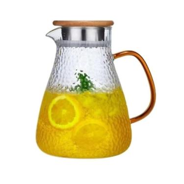 Imagem de Conjunto com Jarra de Vidro Borossilicato Estampada, com Tampa de Bambu e 2 Copos, Estampada com Relevo, Alça Dourada, Jogo de Copos e Jarras para Bebidas, Sucos