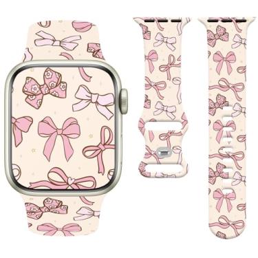 Imagem de Watbro Pulseira de relógio Bowknot compatível com Apple Watch de 38 mm, 40 mm, 41 mm, 42 mm, 44 mm, 45 mm e 49 mm, feminina e masculina, design de pulseira esportiva fofa de silicone macio para Apple