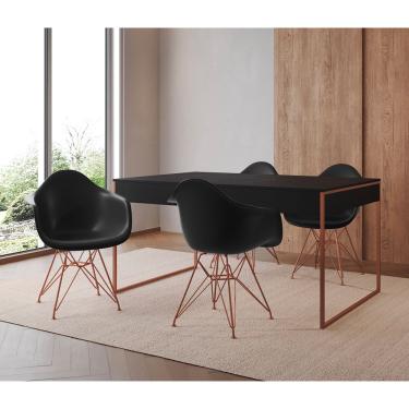 Imagem de Mesa Jantar Industrial Filadélfia Preta 137x90cm com 4 Poltronas Eames Eiffel Pretas Base Cobre