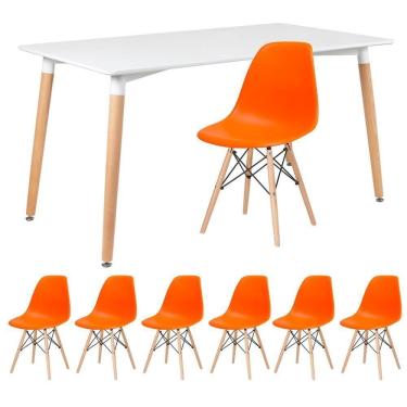 Imagem de Kit - Mesa Retangular Eames 80 X 140 Cm Branco + 6 Cadeiras Dsw Laranja Mesa Branco Com Cadeiras Laranja