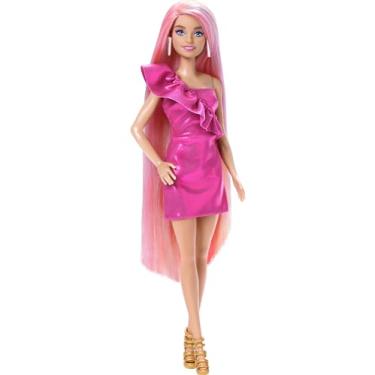 Imagem de Barbie Totally Hair boneca com cabelo extralongo colorido, pente, 2 vestidos e acessórios para pentear, brinquedo + 3 anos (JDC85)