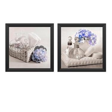 Imagem de Kit 2 Quadros Banheiro, Lavabo, Toalete, Flores, Com Vidro 18x18 cm (Preto)