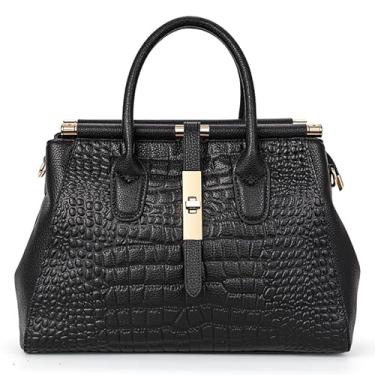Imagem de AIDRANI Nova bolsa feminina de couro, bolsa de grande capacidade com design de bloqueio de cor com estampa de crocodilo impressa na superfície, Todo preto