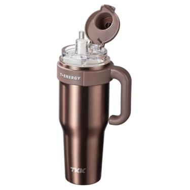 Imagem de TKK Copos de 1,134 g com alça e palha, garrafa isolada com revestimento cerâmico, caneca de viagem 100% à prova de vazamento para água, chá gelado ou café, smoothie, base amigável para porta-copos