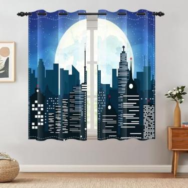 Imagem de TTQYFNM Cortinas blackout de desenho animado super cidade urbana noite lua horizonte cidade edifícios cortinas de janela super-herói paisagem urbana tratamentos para crianças quarto sala de estar
