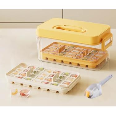 Imagem de Bandejas de gelo com tampas, concha e balde de gelo, 28/84 peças, molde portátil de silicone para cubos de gelo com caixa de gelo reutilizável para geladeira (amarelo, 1 camada (28 peças))