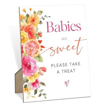 Imagem de Babies Are Sweet Please Take a Treat Placa de madeira 20 x 28 cm, decorações de festa rosa e laranja, placas de chá de bebê fofas para decoração de mesa de sobremesa, decoração de festa de outono e