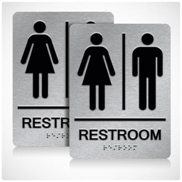 Imagem de Placa de banheiro unissex ADA Braille com fita dupla face 3M (pacote com 2) - Placas de banheiro unissex de alumínio para negócios 15 x 20 cm para escritórios e restaurantes