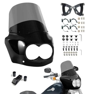 Imagem de BOSYCY Kit de para-brisa de carenagem de motocicleta para Harley Dyna Fat Bob FXDF 2008-2017, carenagem de farol duplo com para-brisas fumê de 13 polegadas, garfos de 48-58 mm com extensão