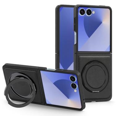 Imagem de Newhalper Capa magnética para Samsung Galaxy Z Flip 7 couro 360 graus giratório anel suporte ajustável à prova de choque capa fina para celular para Samsung Z Flip 7 (preto)