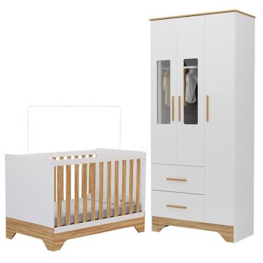 Imagem de Jogo de Quarto Infantil Popy Retrô Plus Guarda Roupa 3 Portas com Janelas e Berço - Móveis Peroba